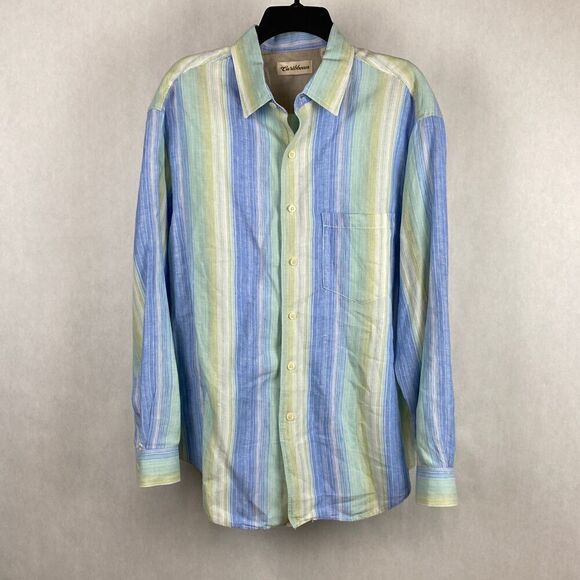 Caribbean Mens Button Down Shirt Size L Linen Cotton Blue Green Cream Stripes Lo - Picture 10 of 10